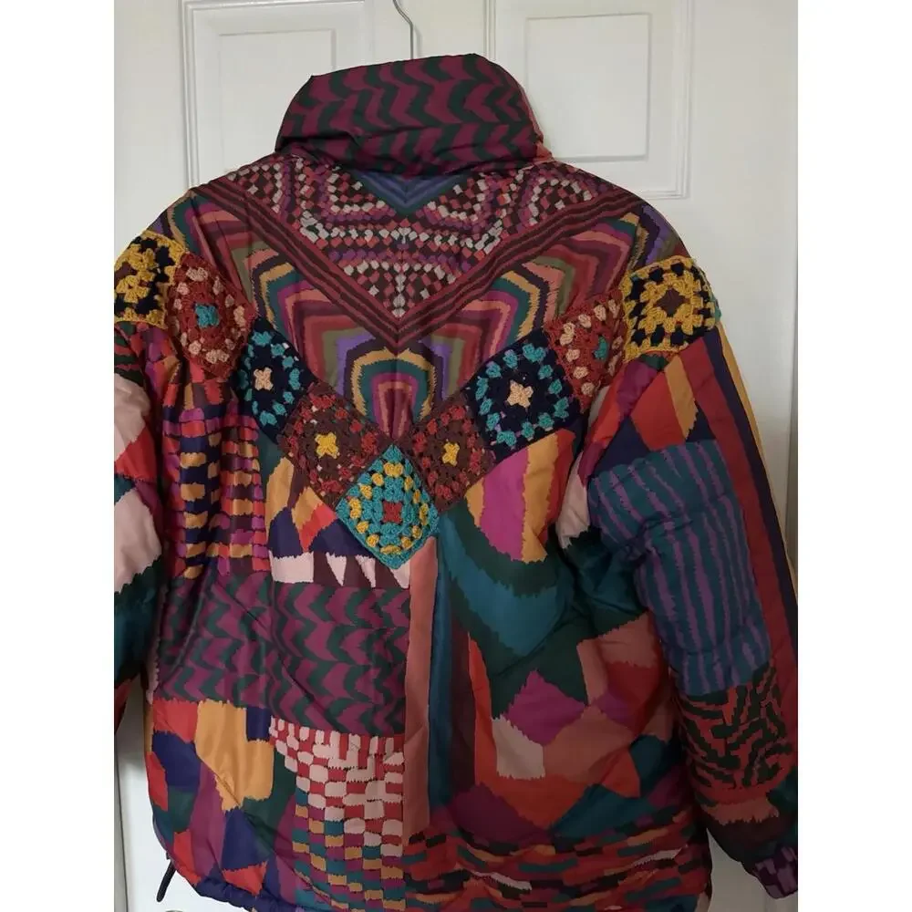 Farm Rio Women's XS Red Abstract Patches Reversible Full Zip Puffer Jacket NEW - Picture 11 of 16